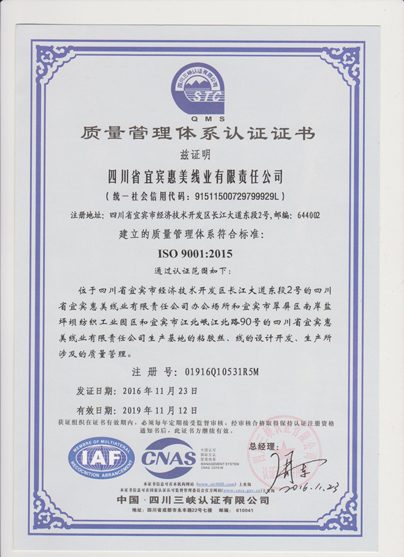 2016年质量管理体系认证证书